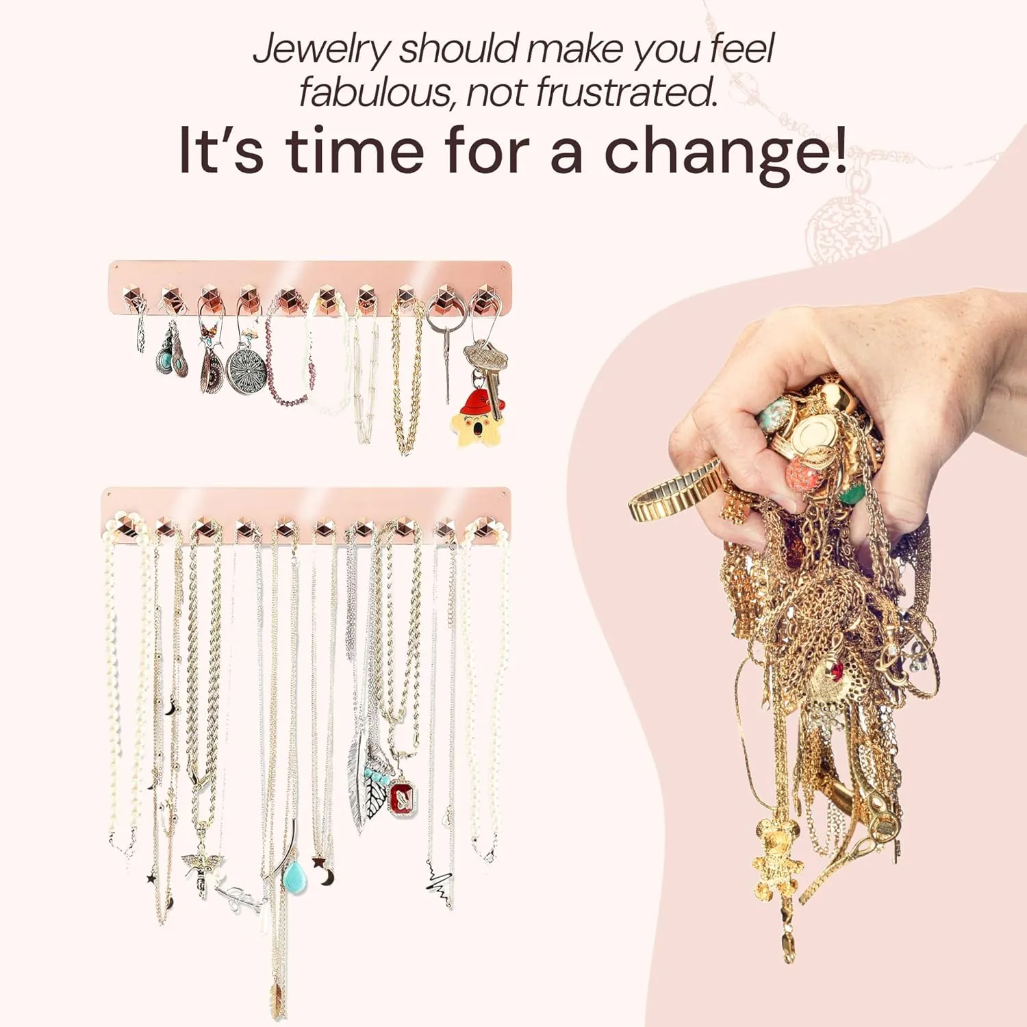 Boxy Concepts Jewelry Organizer - 2 Pack Rose Gold Premium Adhesive Holder | Hanging Necklace & Key Rack with 10 Hooks for Necklaces, Earrings, Bracelets, and Keys Easy-Install 10.5"x1.5"