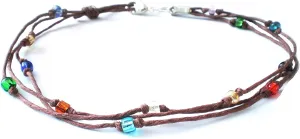 Brown Hemp Multicolor Glass Beaded Three String Anklet - Handmade