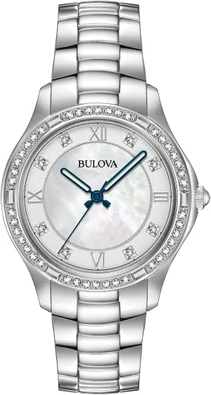 Bulova Ladies' Crystal Stainless Steel 3-Hand Quartz Watch, White Mother-of-Pearl Dial