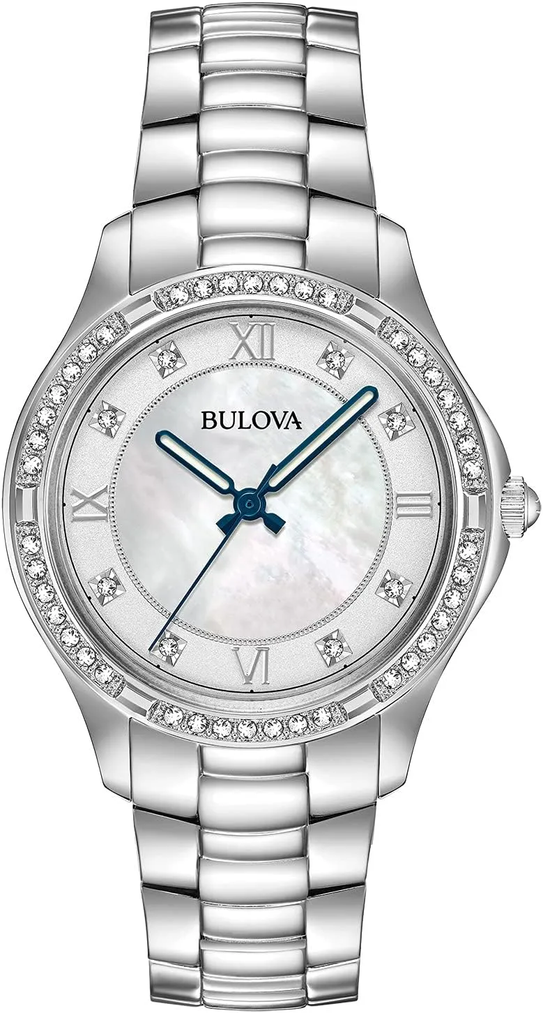 Bulova Ladies' Crystal Stainless Steel 3-Hand Quartz Watch, White Mother-of-Pearl Dial