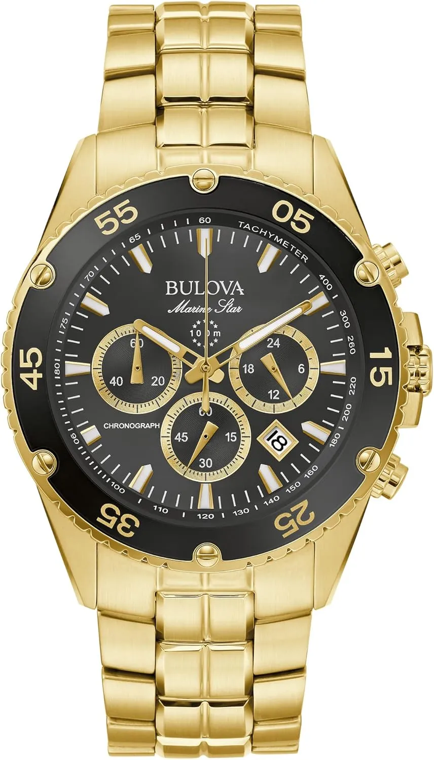 Bulova Men's Marine Star Gold Chronograph Stainless Steel Watch, Black Dial Style: 98B406