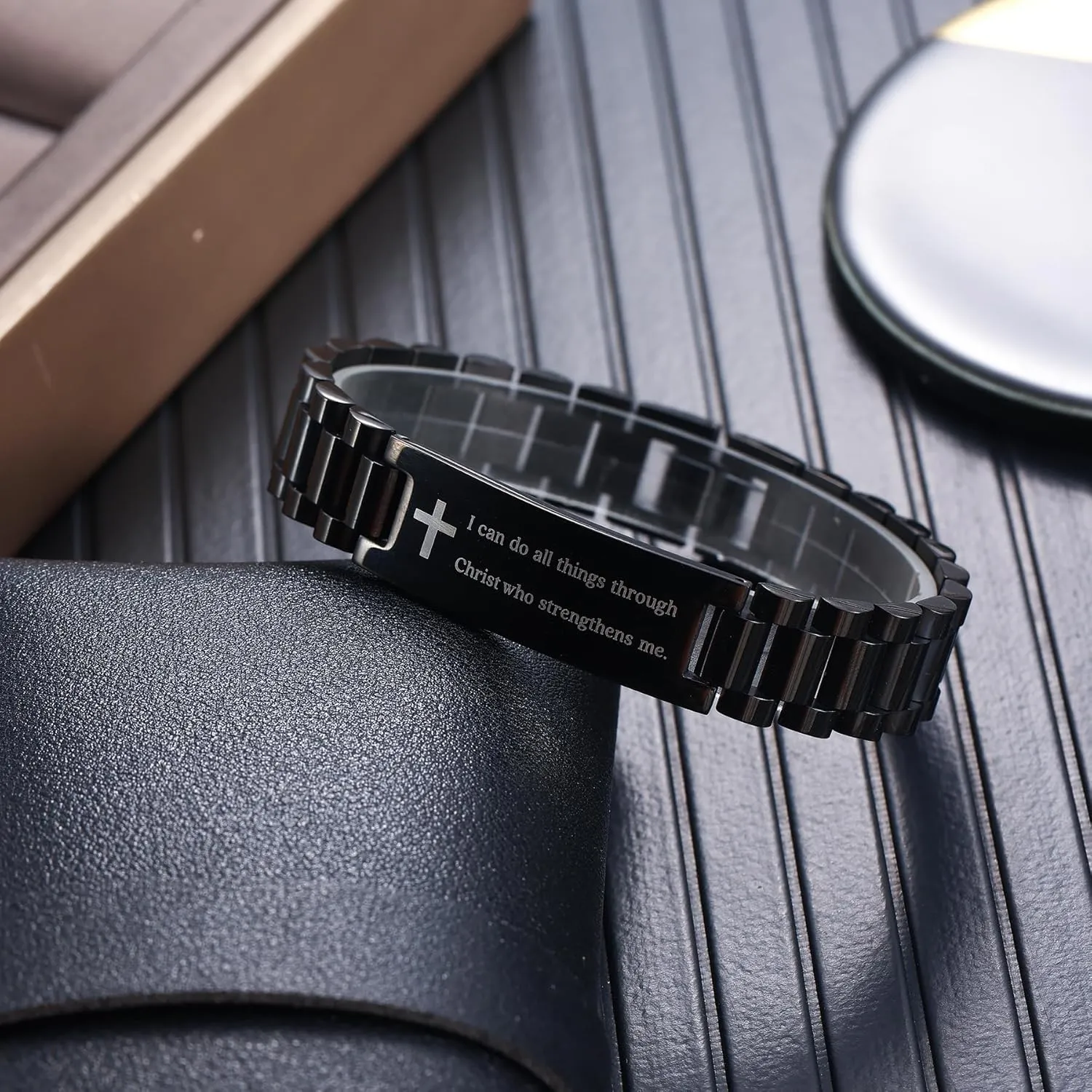 BUREI Men Watch Band Stainless Steel Link Bracelet Personalized Jewelry Gift for Men DAD Father Husband Boyfriend