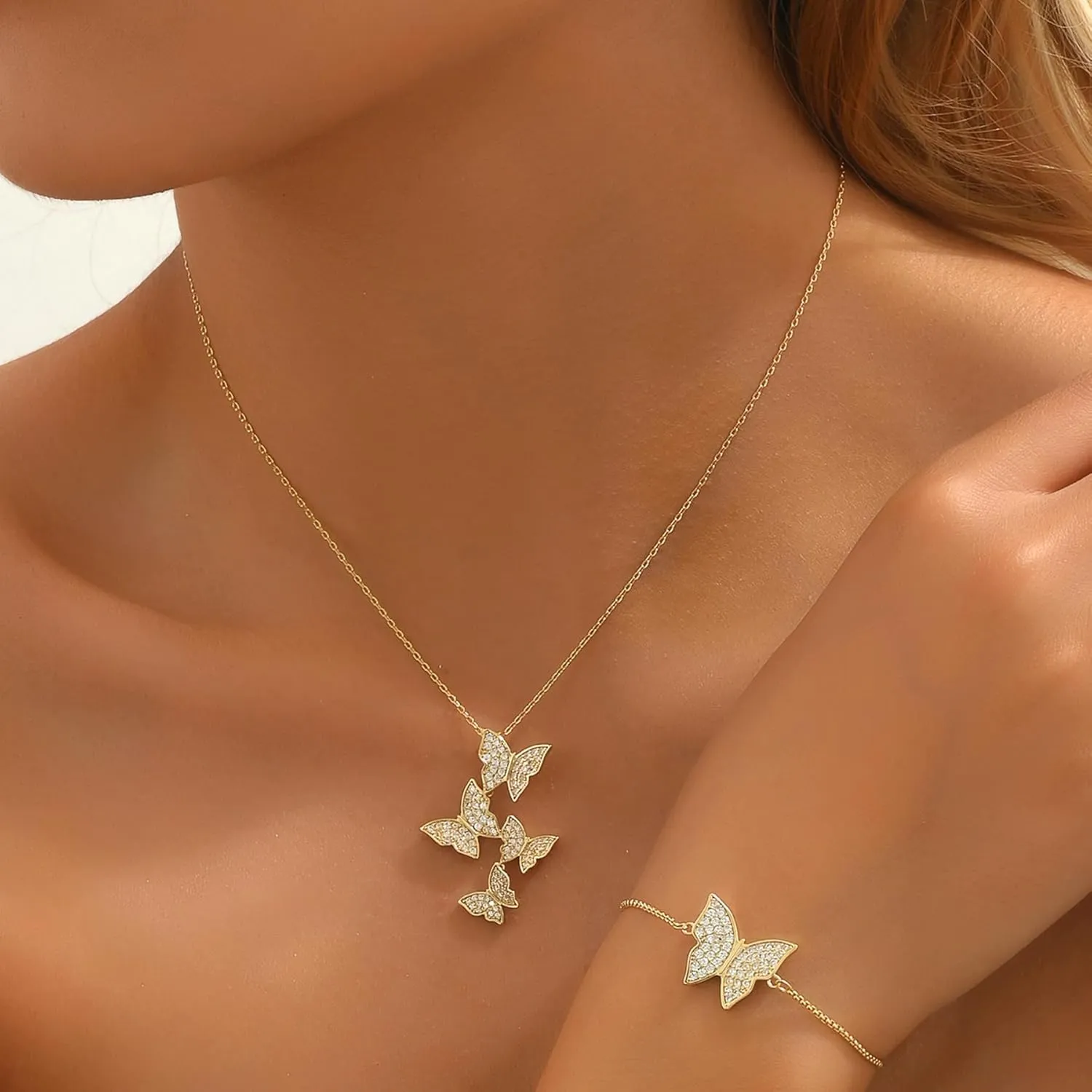 Butterfly Earring Necklace Bracelet Set - 14K Gold Plated Dainty Butterfly Jewelry Set with Cubic Zirconia, Birthday Bar Mitzvah Gifts for Women | Color: Gold/White Gold/Rose Gold