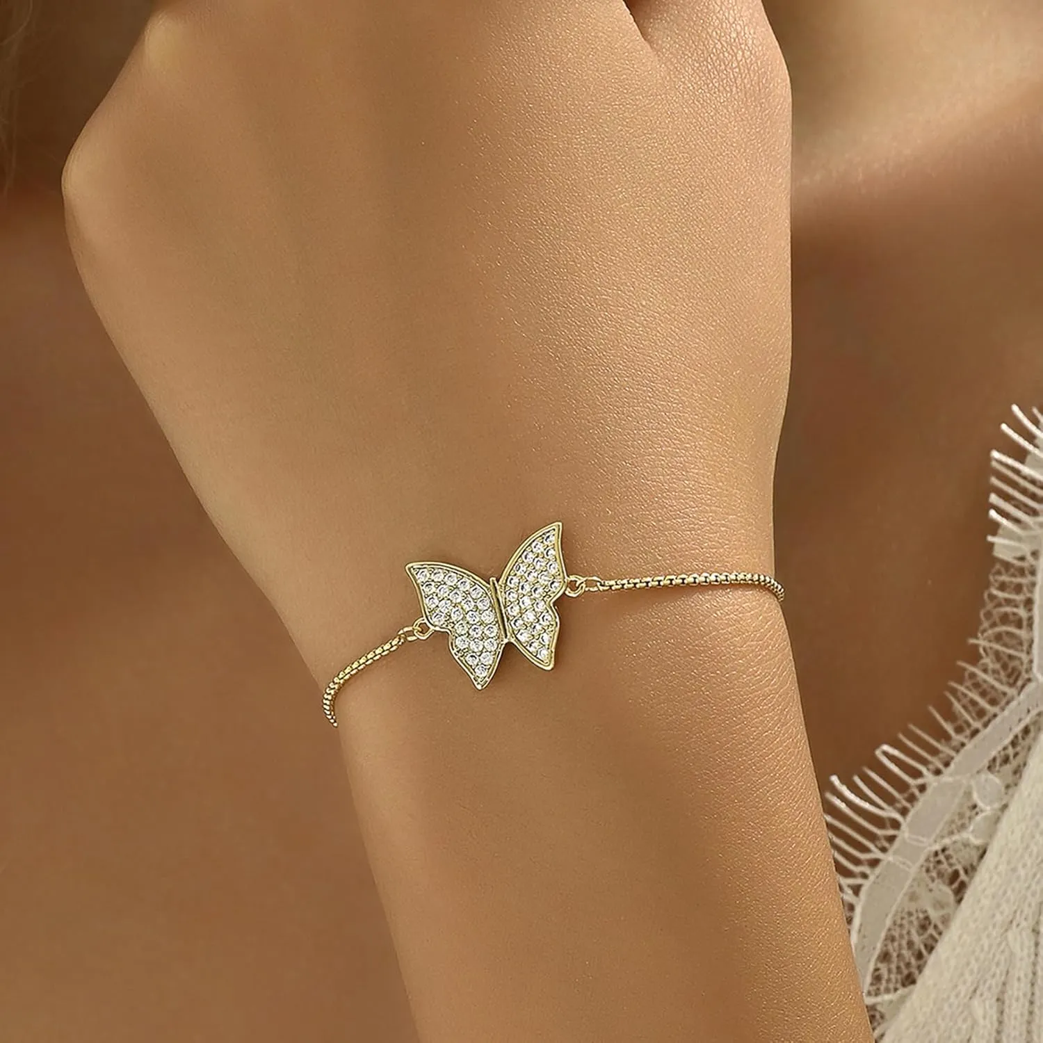Butterfly Earring Necklace Bracelet Set - 14K Gold Plated Dainty Butterfly Jewelry Set with Cubic Zirconia, Birthday Bar Mitzvah Gifts for Women | Color: Gold/White Gold/Rose Gold