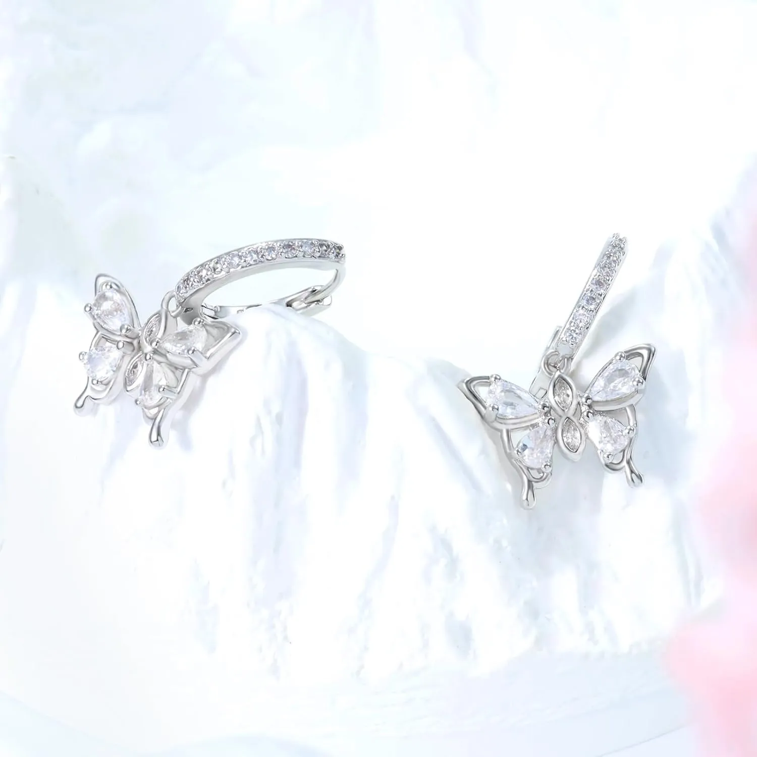Butterfly Earrings 925 Sterling Silver Butterfly Huggie Hoop Earrings for Women CZ Dangle Hoop Earrings Butterfly Birthstone Jewelry for Mother's Day Valentine Birthday Gifts