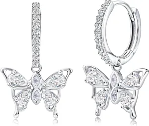 Butterfly Earrings 925 Sterling Silver Butterfly Huggie Hoop Earrings for Women CZ Dangle Hoop Earrings Butterfly Birthstone Jewelry for Mother's Day Valentine Birthday Gifts