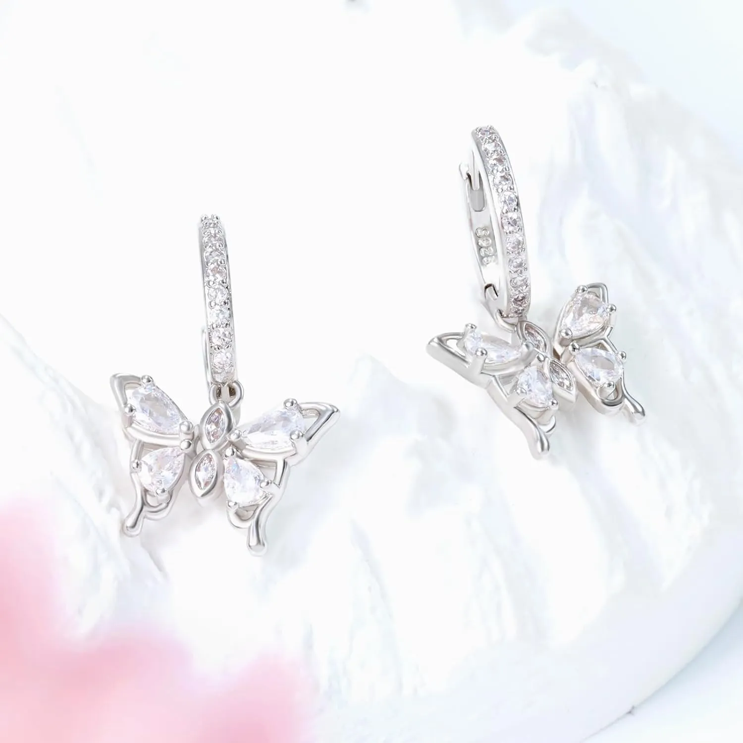Butterfly Earrings 925 Sterling Silver Butterfly Huggie Hoop Earrings for Women CZ Dangle Hoop Earrings Butterfly Birthstone Jewelry for Mother's Day Valentine Birthday Gifts