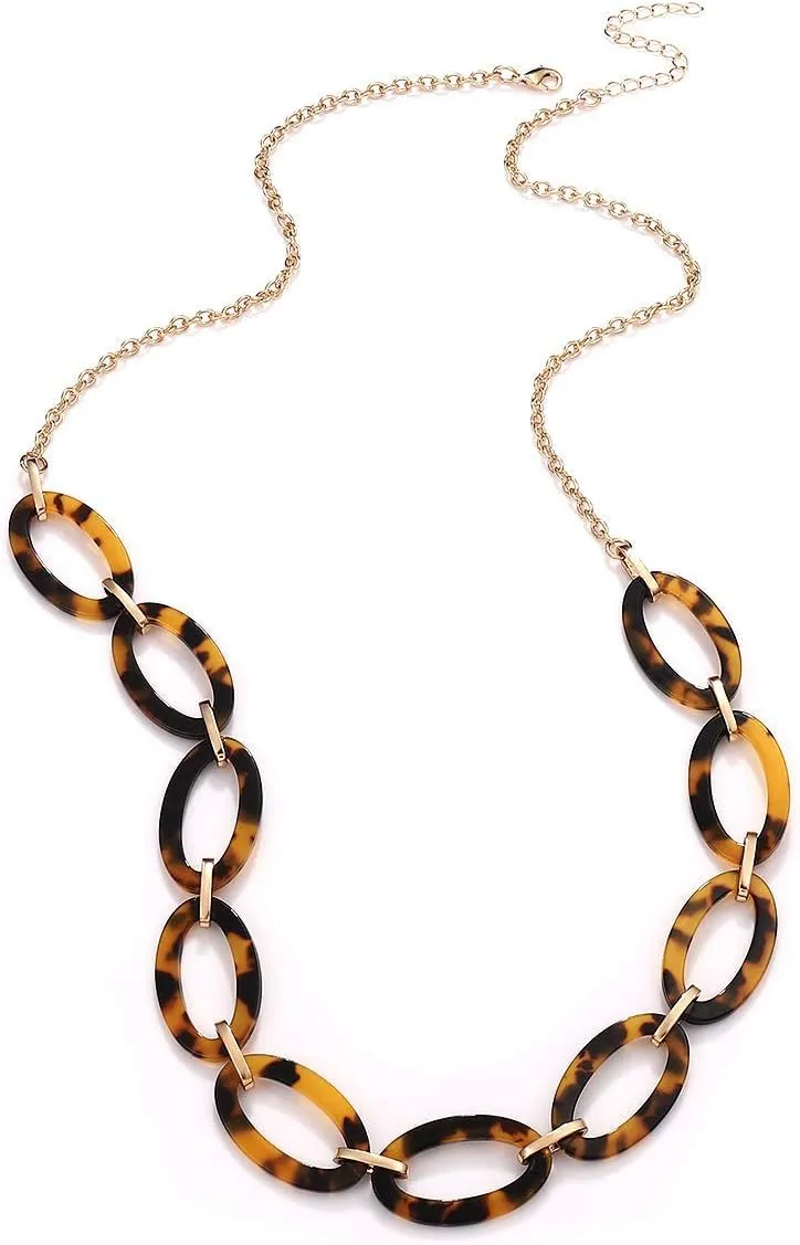 BVGA Long Necklaces for Women Acrylic Tortoise Link Necklace Leopard Print Metal Oval Resin Chain Link Acetate Collar Necklace