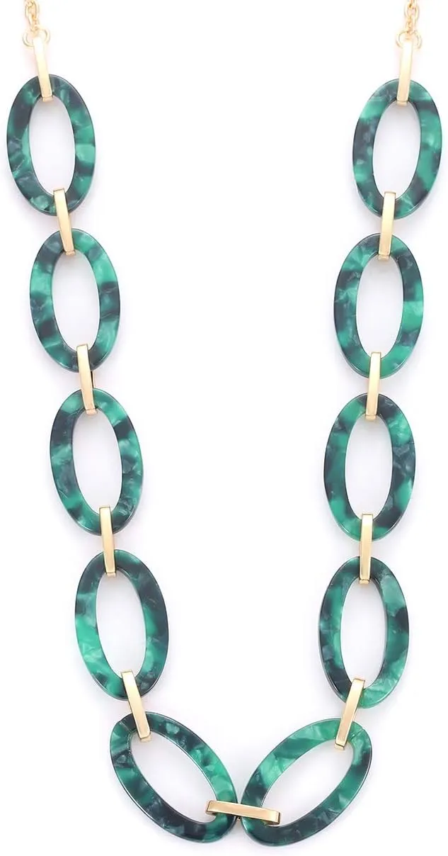 BVGA Long Necklaces for Women Acrylic Tortoise Link Necklace Leopard Print Metal Oval Resin Chain Link Acetate Collar Necklace