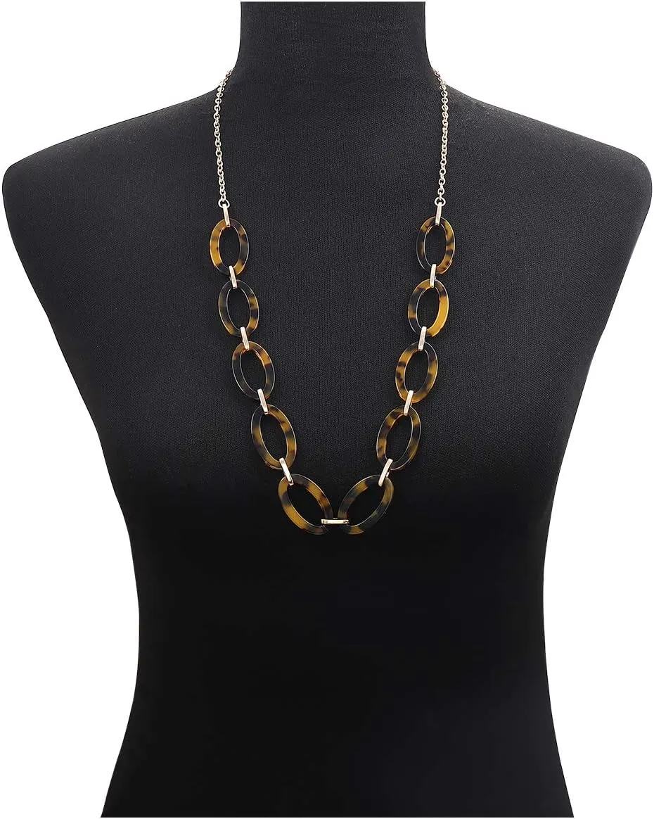 BVGA Long Necklaces for Women Acrylic Tortoise Link Necklace Leopard Print Metal Oval Resin Chain Link Acetate Collar Necklace