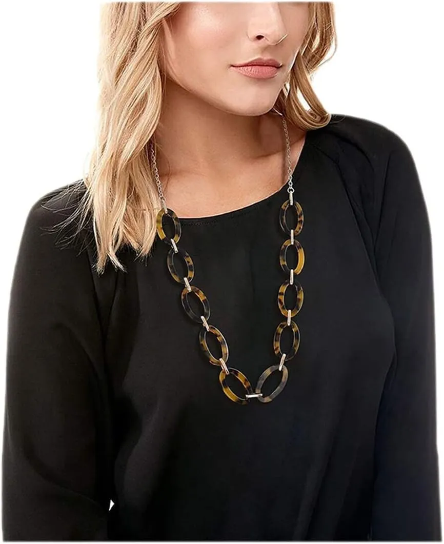 BVGA Long Necklaces for Women Acrylic Tortoise Link Necklace Leopard Print Metal Oval Resin Chain Link Acetate Collar Necklace
