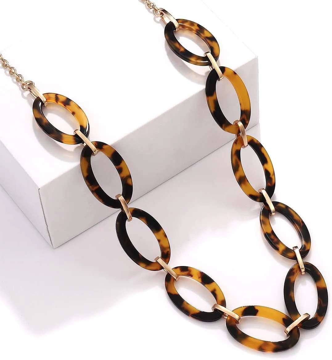 BVGA Long Necklaces for Women Acrylic Tortoise Link Necklace Leopard Print Metal Oval Resin Chain Link Acetate Collar Necklace