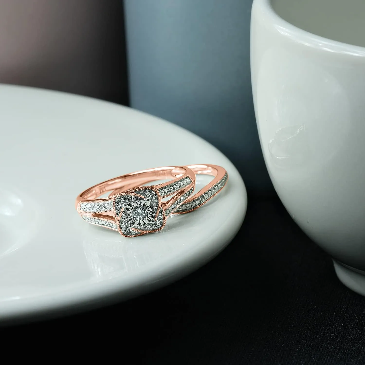Cali Trove 1/5 CT Natural Diamond Bridal Ring Set | 14KT & 18KT Gold Vermeil Diamond Wedding & Engagement Rings | Twisted Halo Rings for Women in White Yellow or Pink Gold | Mother's Day Gifts