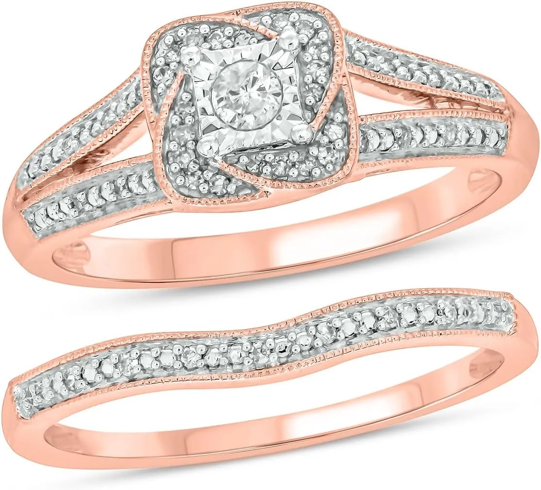Cali Trove 1/5 CT Natural Diamond Bridal Ring Set | 14KT & 18KT Gold Vermeil Diamond Wedding & Engagement Rings | Twisted Halo Rings for Women in White Yellow or Pink Gold | Mother's Day Gifts