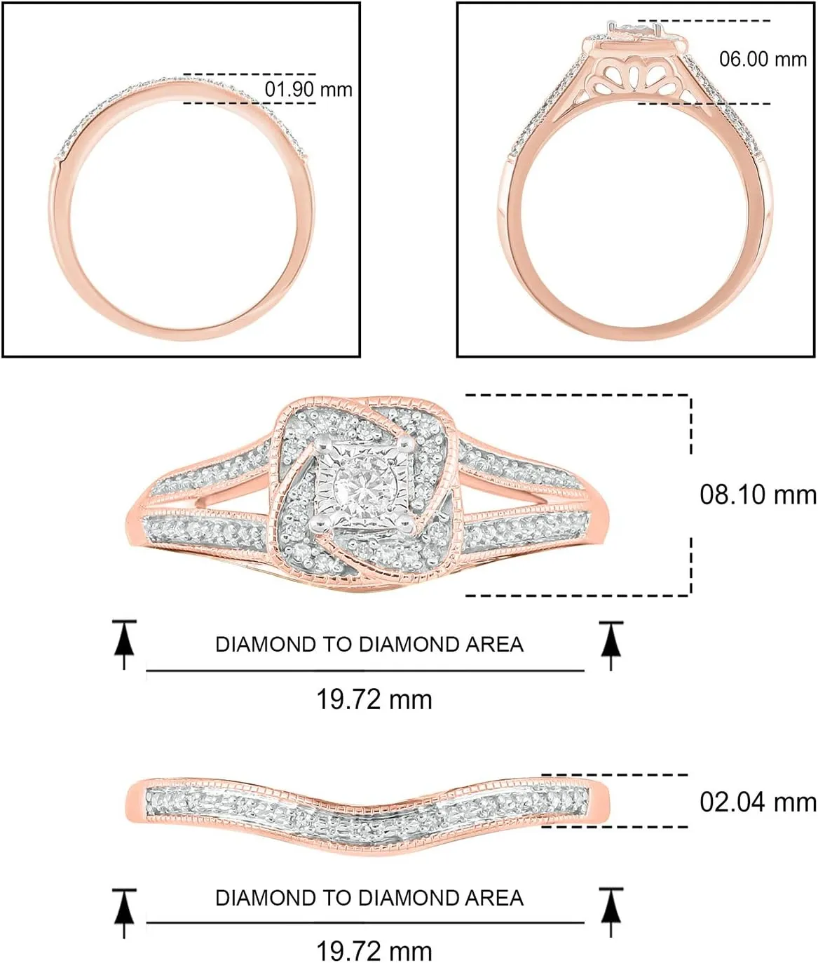 Cali Trove 1/5 CT Natural Diamond Bridal Ring Set | 14KT & 18KT Gold Vermeil Diamond Wedding & Engagement Rings | Twisted Halo Rings for Women in White Yellow or Pink Gold | Mother's Day Gifts