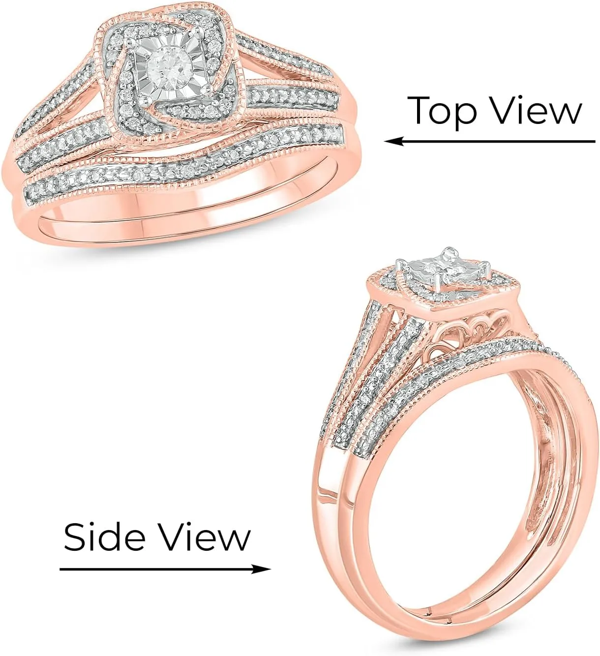 Cali Trove 1/5 CT Natural Diamond Bridal Ring Set | 14KT & 18KT Gold Vermeil Diamond Wedding & Engagement Rings | Twisted Halo Rings for Women in White Yellow or Pink Gold | Mother's Day Gifts