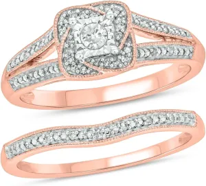 Cali Trove 1/5 CT Natural Diamond Bridal Ring Set | 14KT & 18KT Gold Vermeil Diamond Wedding & Engagement Rings | Twisted Halo Rings for Women in White Yellow or Pink Gold | Mother's Day Gifts