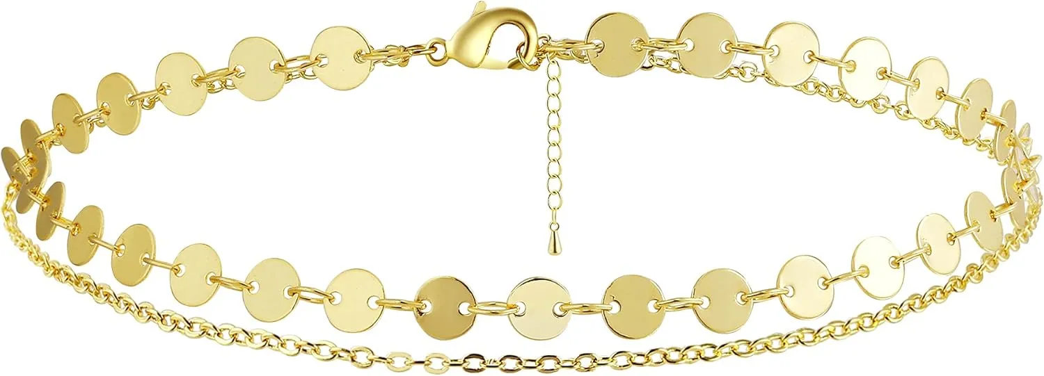 CAROVO Delicate Layered Coin Ankle Bracelet for Women 14K Gold Plated Simple Circle Anklet Boho Beach Gold Chain Ankle Bracelets for Women