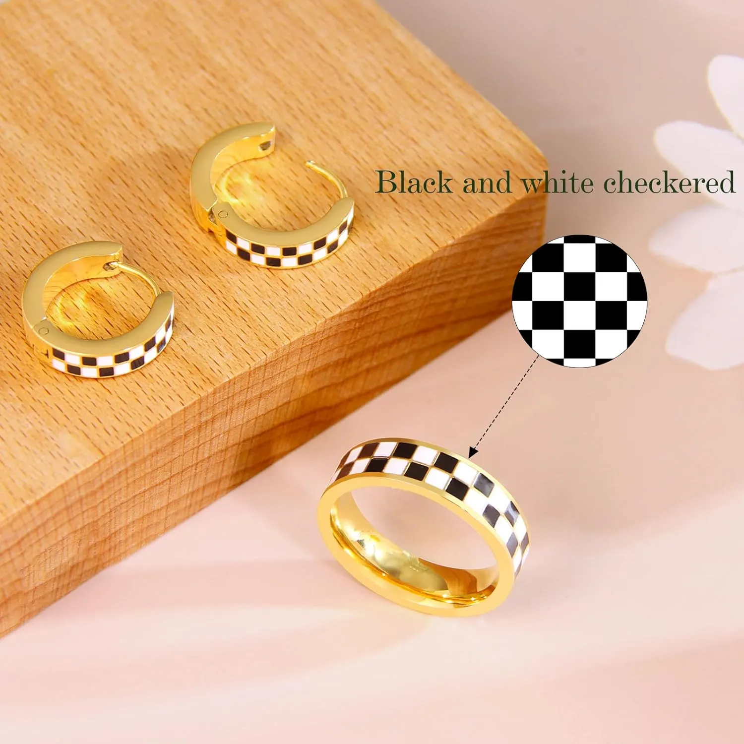 Checkered Jewelry Set for Women - 18K Gold Plated Stainless Steel Checkerboard Ring & Black and White Checkered Hypoallergenic Chunky Huggie Hoop Earring, Gift-Ready Packaging for Mother's Day Valentine's Day