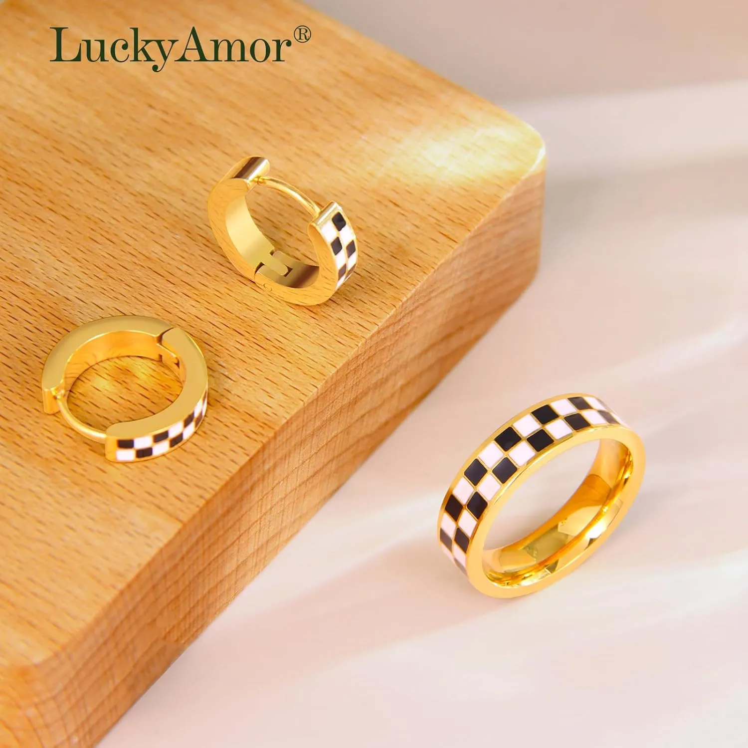 Checkered Jewelry Set for Women - 18K Gold Plated Stainless Steel Checkerboard Ring & Black and White Checkered Hypoallergenic Chunky Huggie Hoop Earring, Gift-Ready Packaging for Mother's Day Valentine's Day