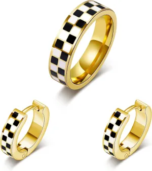 Checkered Jewelry Set for Women - 18K Gold Plated Stainless Steel Checkerboard Ring & Black and White Checkered Hypoallergenic Chunky Huggie Hoop Earring, Gift-Ready Packaging for Mother's Day Valentine's Day