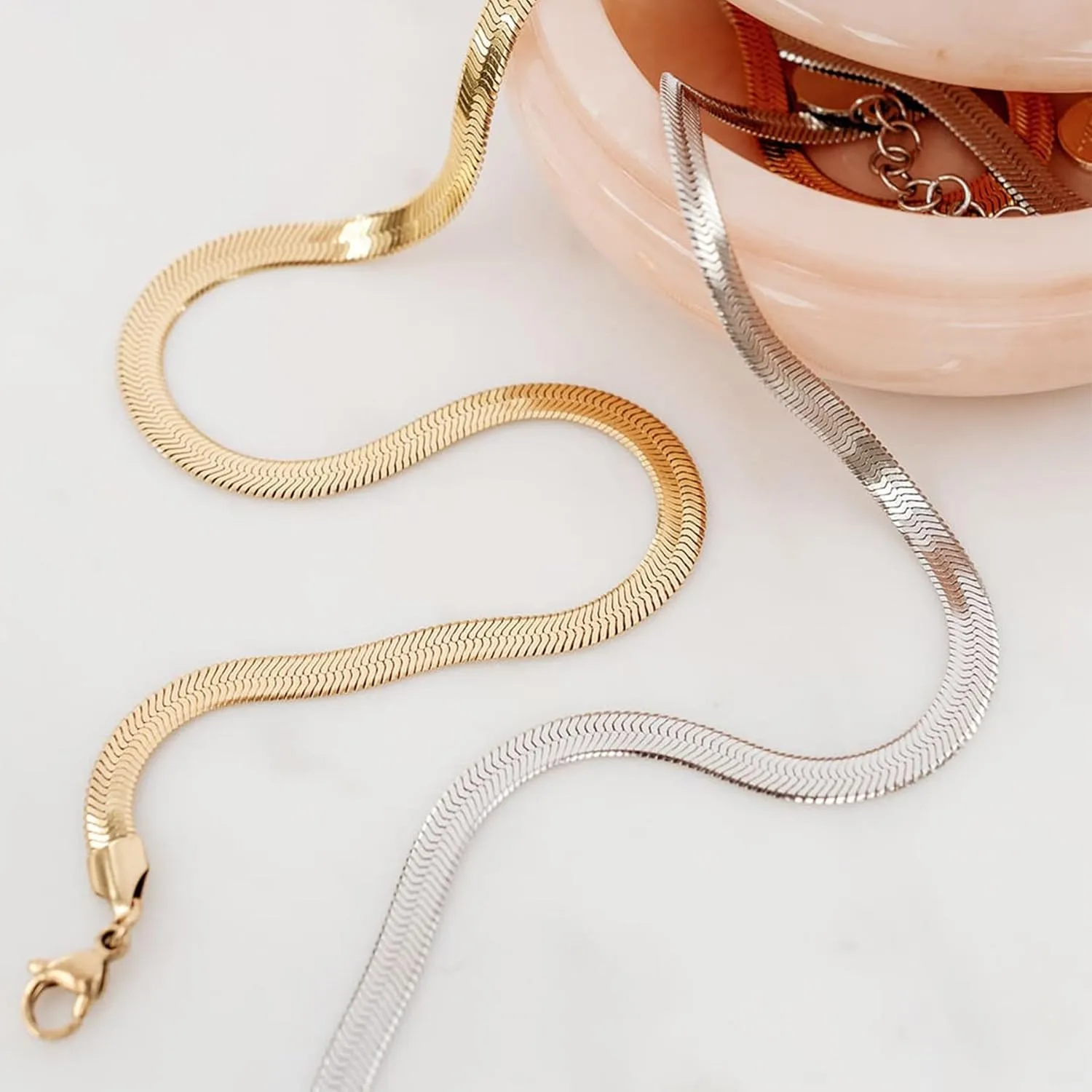 CHESKY Gold Necklace for Women-14K Plated sterling silver Snake Chain Necklace Dainty Simple Chunky Herringbone Necklace Choker Necklaces Jewelry for Women