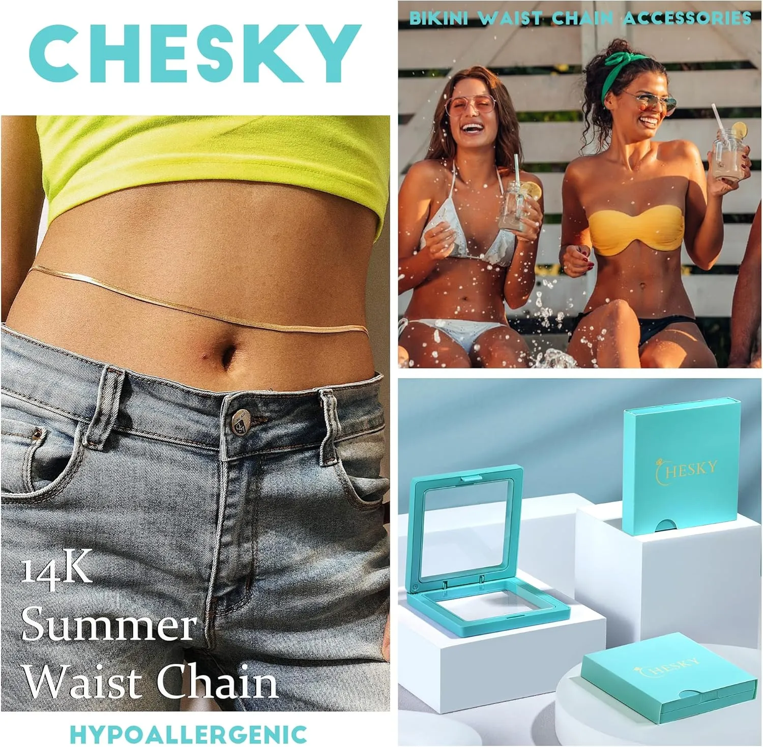 CHESKY Gold Waist Chain for Women, 14K Gold Plated Silver Layered Belly Belt Chains Sexy Bikini Beach Waist Beads Chain Waterproof Snake Pearl Cuban Body Chain Summer Jewelry Accessories for Women