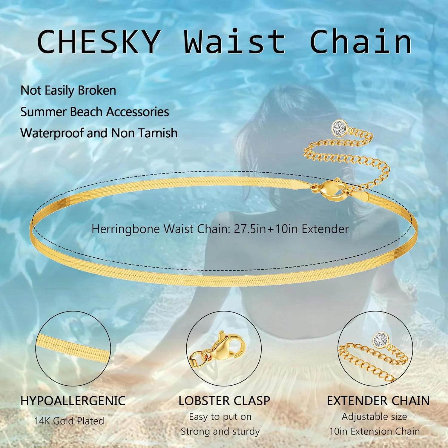 CHESKY Gold Waist Chain for Women, 14K Gold Plated Silver Layered Belly Belt Chains Sexy Bikini Beach Waist Beads Chain Waterproof Snake Pearl Cuban Body Chain Summer Jewelry Accessories for Women