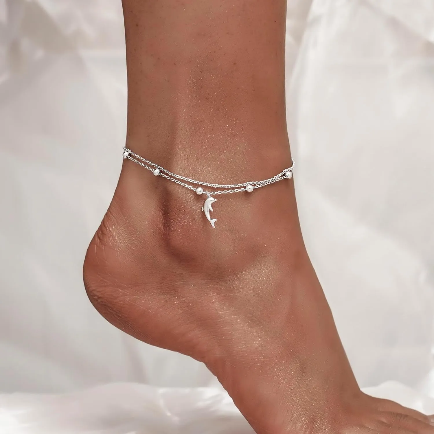 CHIC & ARTSY Womens Sterling Silver Created Opal Layered Anklet Bracelet Dainty Beaded Chain Adjustable 11" Best Friend Anklet