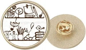Children Cute Illustration Bookshelf College Round Metal Golden Pin Brooch Clip