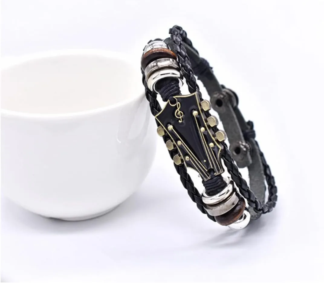 Choistily Retro Faux Leather Guitar Bracelet Handmade Braided Punk Guitar Leather Wrap Bracelet Multi-Layer Leather Wristband for Musicians Guitar Lovers Jewelry
