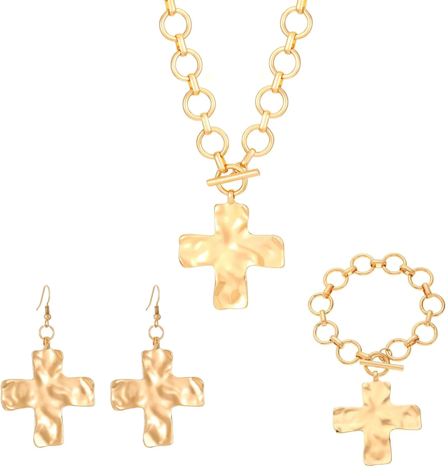 Chunky Cross Necklace for Women Gold Chunky Cross Pendant Necklace Layered Heart Toggle Necklace Hammered Cross Statement Necklace Thick Chain Necklace Jewelry