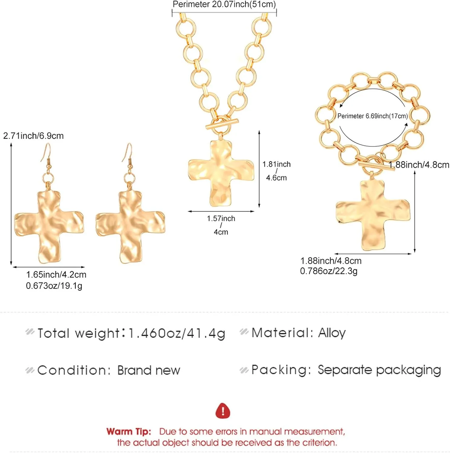 Chunky Cross Necklace for Women Gold Chunky Cross Pendant Necklace Layered Heart Toggle Necklace Hammered Cross Statement Necklace Thick Chain Necklace Jewelry
