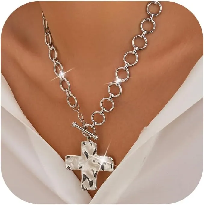 Chunky Cross Necklace for Women,14K Gold Plated Large Cross Pendant Necklace Statement Thick Chain Necklace Vintage Toggle Clasp Necklace Trendy Jewelry