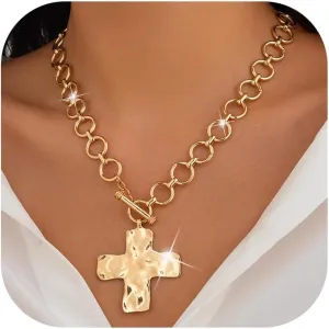 Chunky Cross Necklace for Women,14K Gold Plated Large Cross Pendant Necklace Statement Thick Chain Necklace Vintage Toggle Clasp Necklace Trendy Jewelry