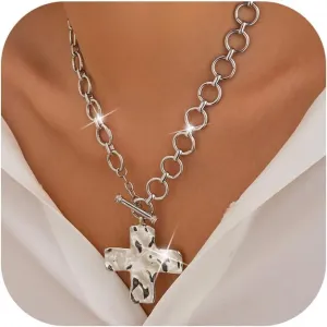 Chunky Cross Necklace for Women,14K Gold Plated Large Cross Pendant Necklace Statement Thick Chain Necklace Vintage Toggle Clasp Necklace Trendy Jewelry