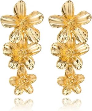 Chunky Dangle Flower Earrings for Women, Boho Statement Elegant Vintage Thick Unique Gold Floral Jewelry Petal Earrings for Party Wedding