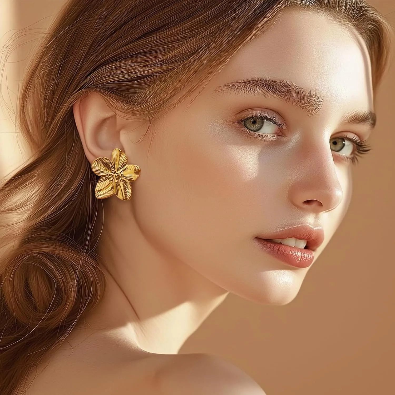 Chunky Gold Geometric Flower Stud Earrings for Women, Trendy Statement Brown Prom Rhinestone Jewelry Holoday Gift