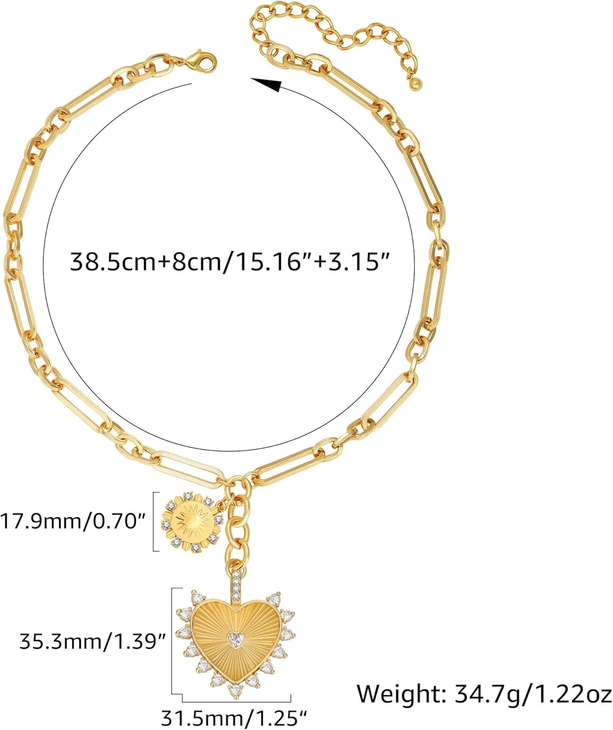 Chunky Gold Sun Heart Pendant Charm Necklace for Women 18K Gold Plated Thick Paperclip Chain Choker Necklaces Hip Hop Valentines Day Gift Jewelry