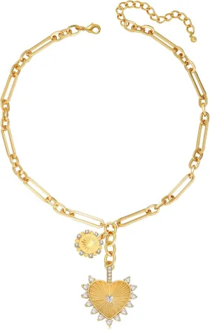 Chunky Gold Sun Heart Pendant Charm Necklace for Women 18K Gold Plated Thick Paperclip Chain Choker Necklaces Hip Hop Valentines Day Gift Jewelry