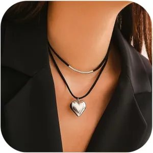 Chunky Layered Heart Choker Necklace, Statement Gold Puffy Love Heart Pendant Black Rope Necklace Charm Y2k Accessories Necklaces Jewelry for Women