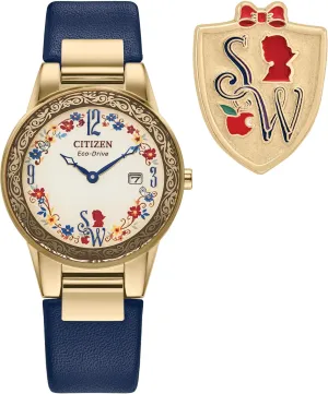 Citizen Ladies' Eco-Drive Disney Princess Snow White Gold Stainless Steel Case with Blue Leather Strap Watch and Pin Gift Set, Pale Gold Dial, Date (Model: GA1079-41W)