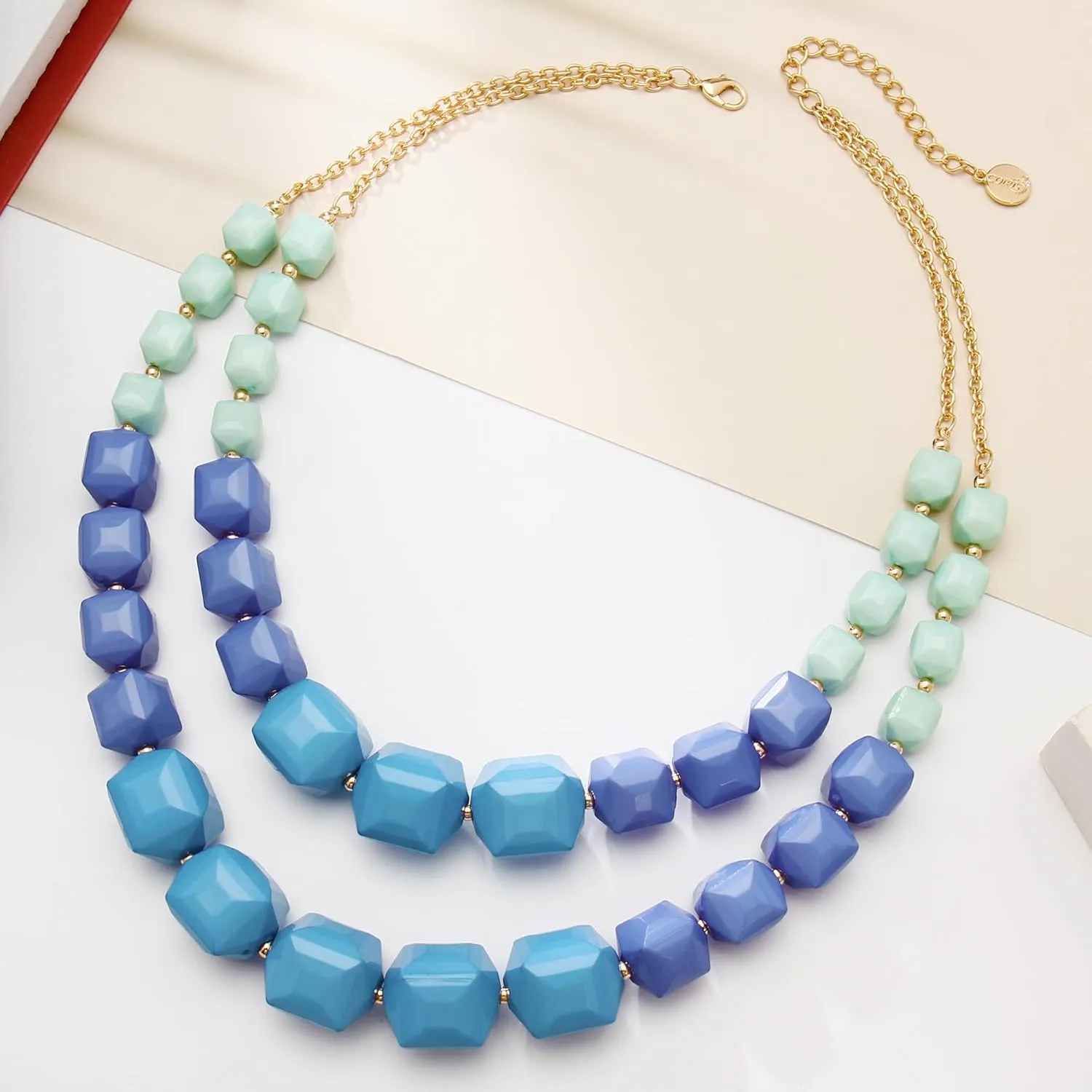 Coiris Double Layer Chunky Acrylic Beads Strand Necklaces,Statement Geometric Beads Necklace,Big African Beaded Necklace for Accessory Jewelry