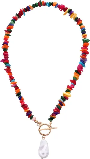 Colorful Beaded Necklace Boho Irregular Pearl Rainbow Natural Stone Beaded Long Choker Necklaces Gold Bead Statement Chain Beach Accessories Prom Jewelry Gifts for Women