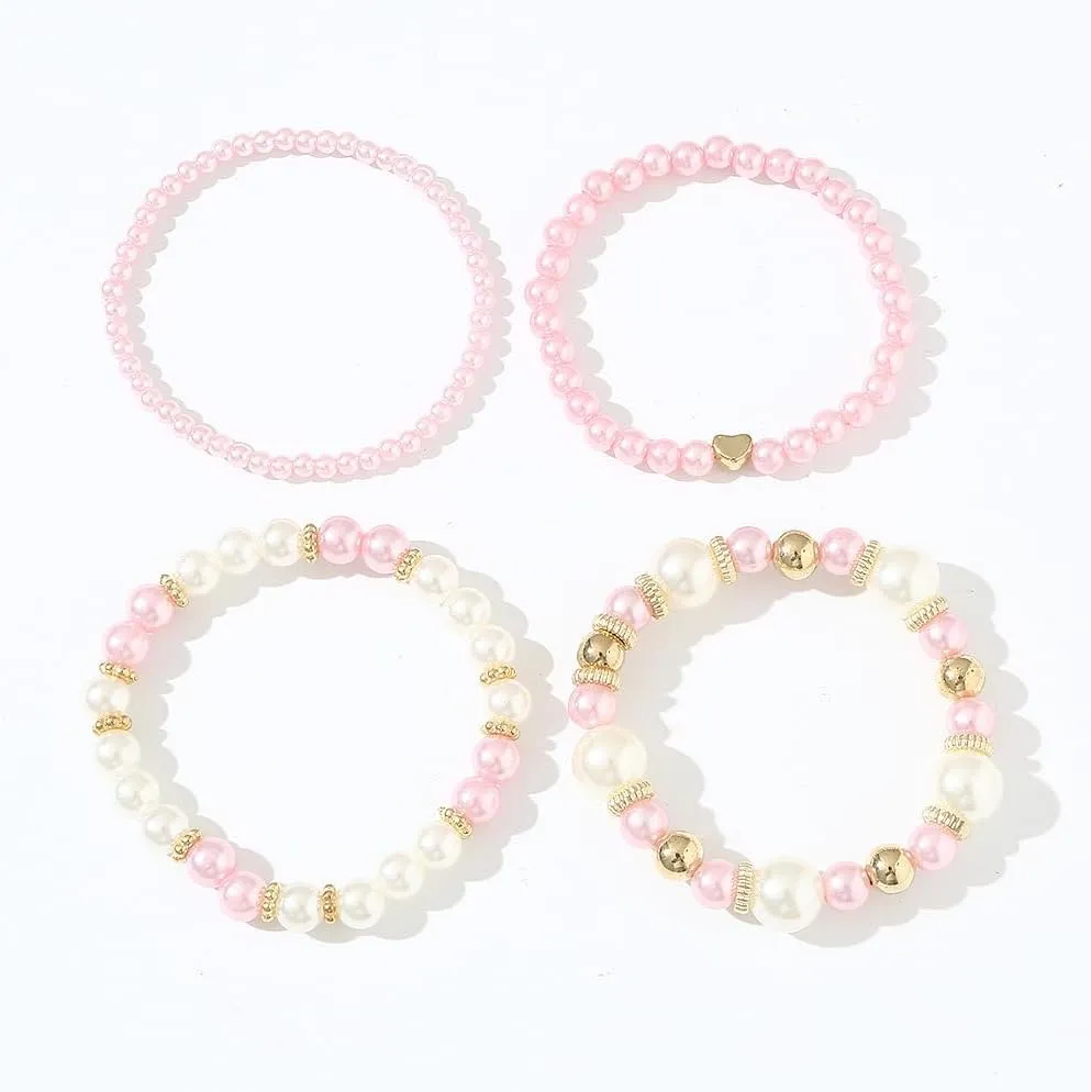 COLORFUL BLING Layered Pearl Stretch Bracelets Set for Women Daisy Flower Heart Star Simulated Pearl Stackable Elastic Bracelets Chunky Beaded Ball Adjustable Multilayer Bangles Wedding Jewelry Gift