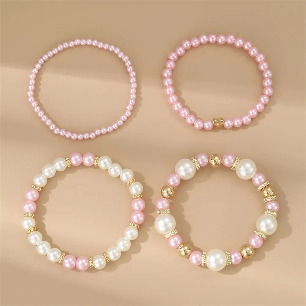 COLORFUL BLING Layered Pearl Stretch Bracelets Set for Women Daisy Flower Heart Star Simulated Pearl Stackable Elastic Bracelets Chunky Beaded Ball Adjustable Multilayer Bangles Wedding Jewelry Gift