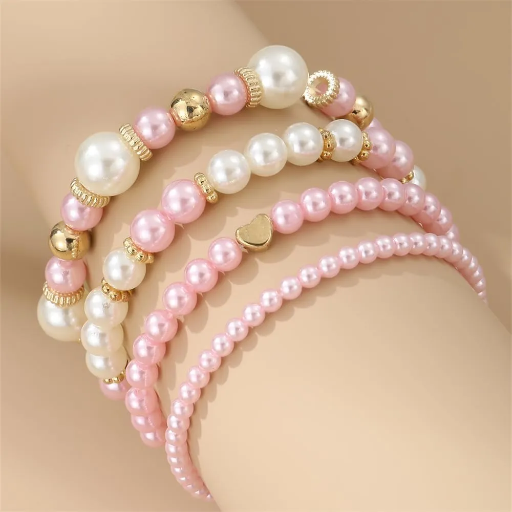 COLORFUL BLING Layered Pearl Stretch Bracelets Set for Women Daisy Flower Heart Star Simulated Pearl Stackable Elastic Bracelets Chunky Beaded Ball Adjustable Multilayer Bangles Wedding Jewelry Gift