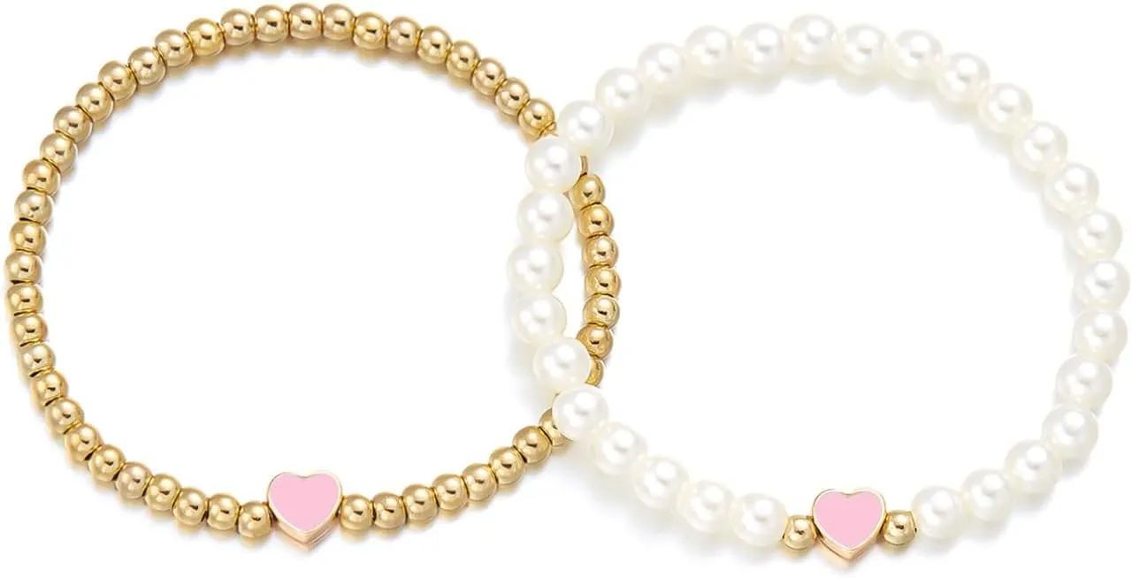 Colorful Heart Beaded Matching Couples Bracelets Chunky Simulated Pearl Stackable Stretch Bracelet Set Pinky Promise Heart Multilayered Elastic Bangles for Women Friendship Jewelry Gifts-Pink
