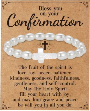 Confirmation Gifts for Women Pearl Cross Bead Stretch Bracelets Christian Baptism Holy 1st First Communion Jewelry