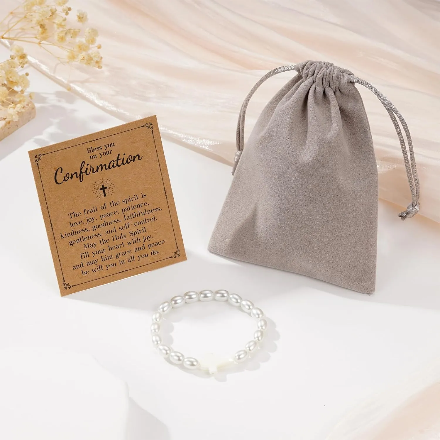 Confirmation Gifts for Women Pearl Cross Bead Stretch Bracelets Christian Baptism Holy 1st First Communion Jewelry
